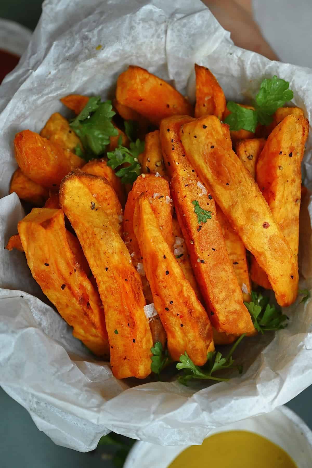 A serving of homemade sweet potato fries in air fryer