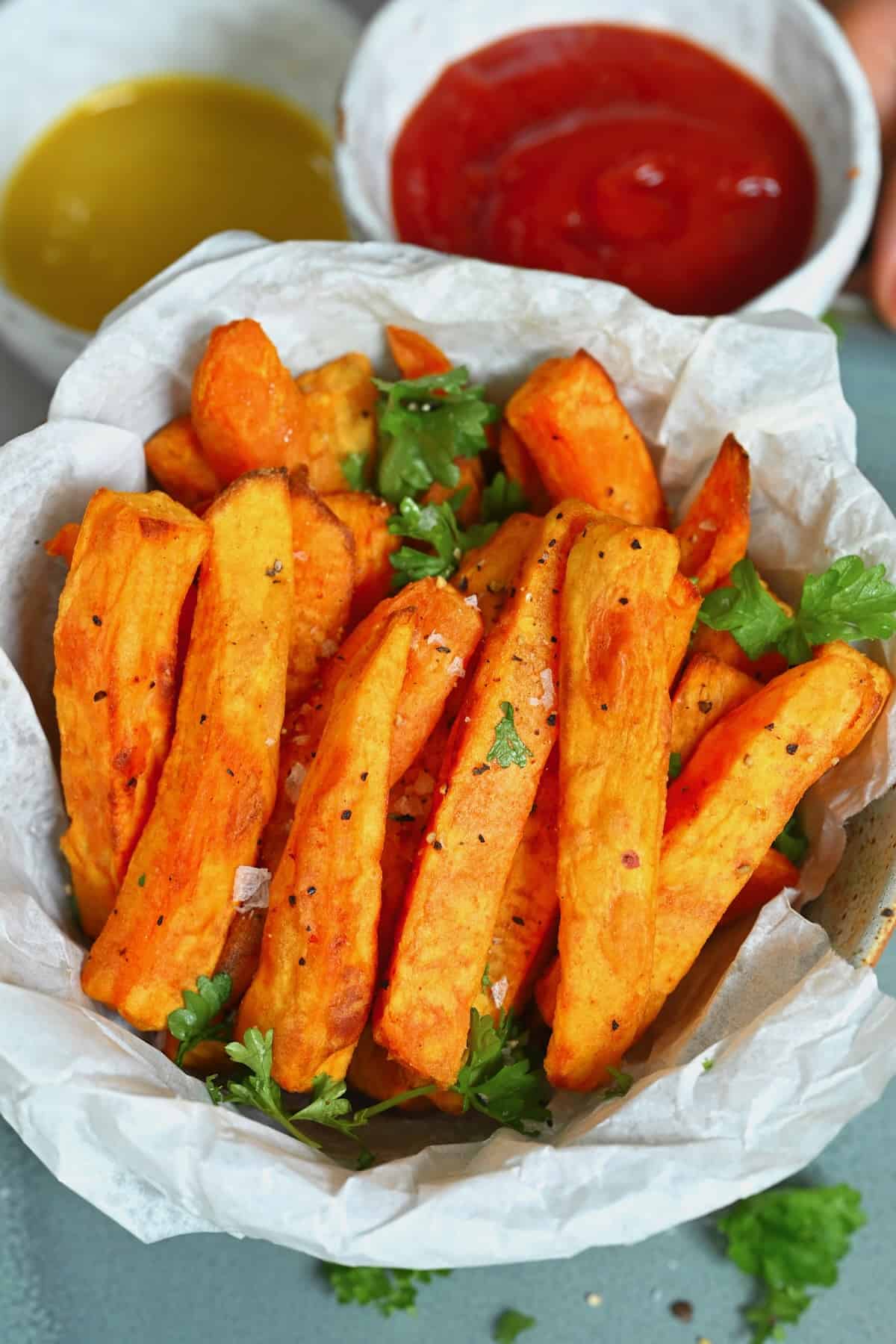 A serving of sweet potato fries made in the air fryer