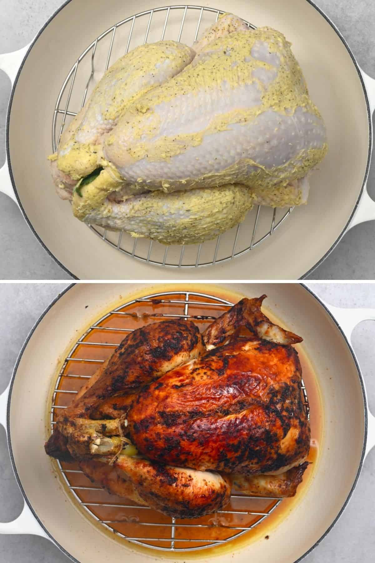 Before and after roasting brined chicken