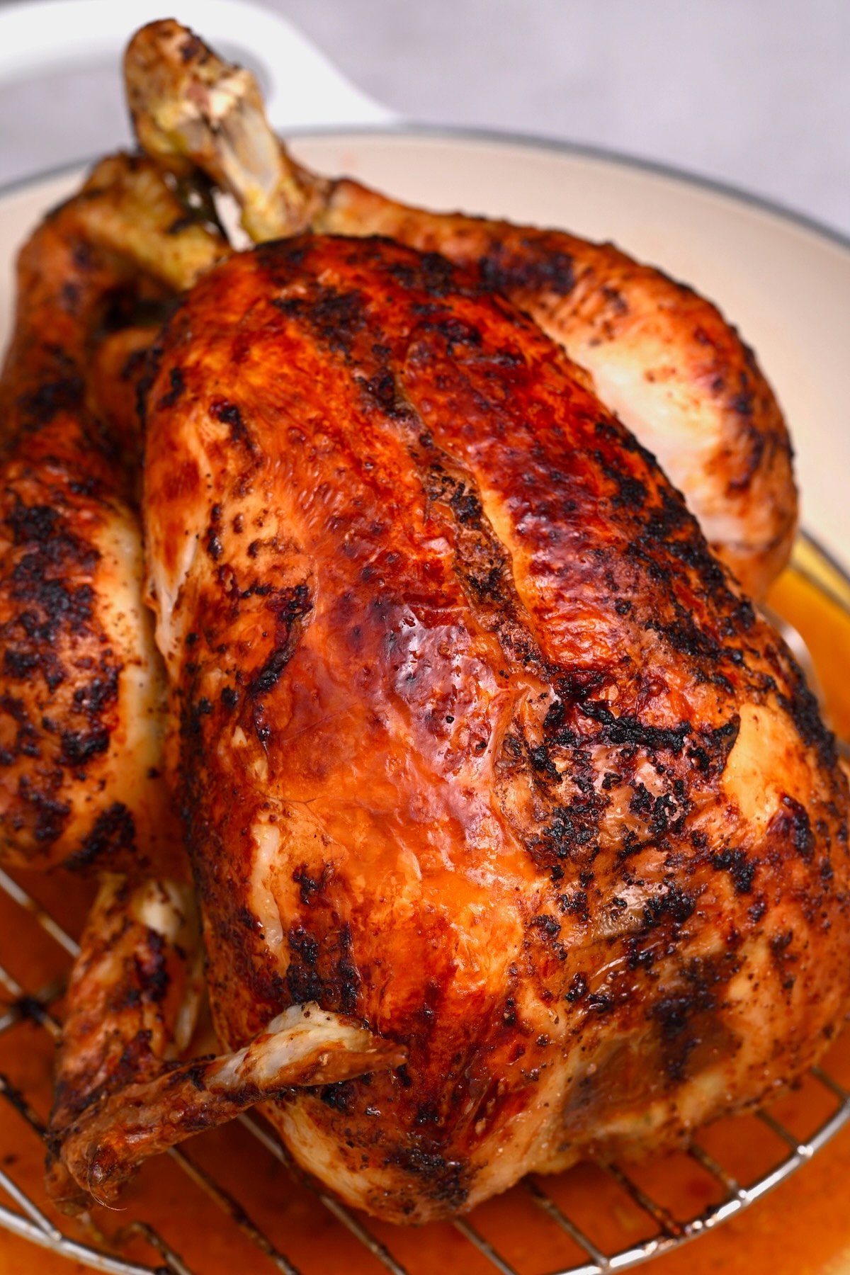 A whole brined and roasted chicken