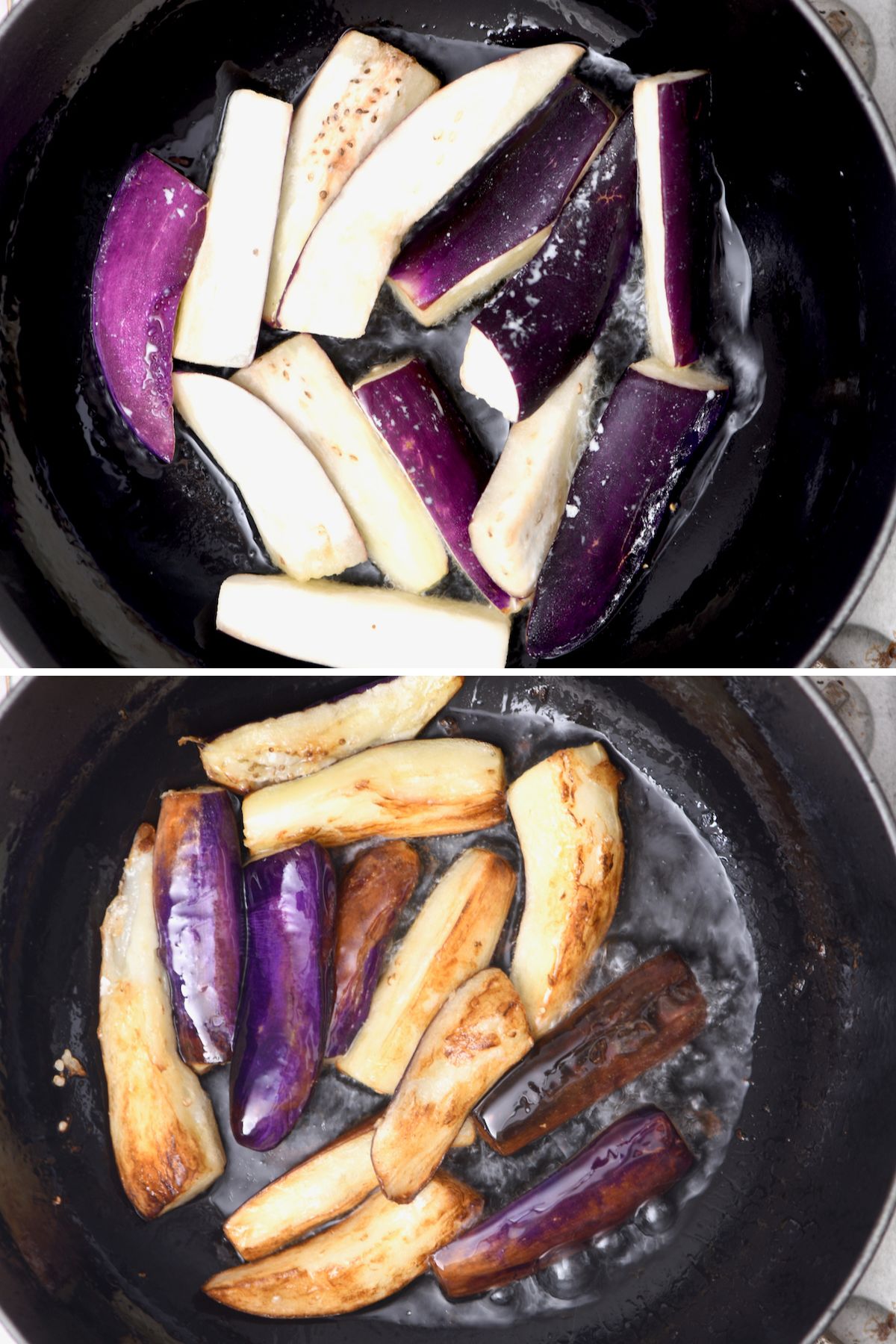 Before and after stir frying eggplant