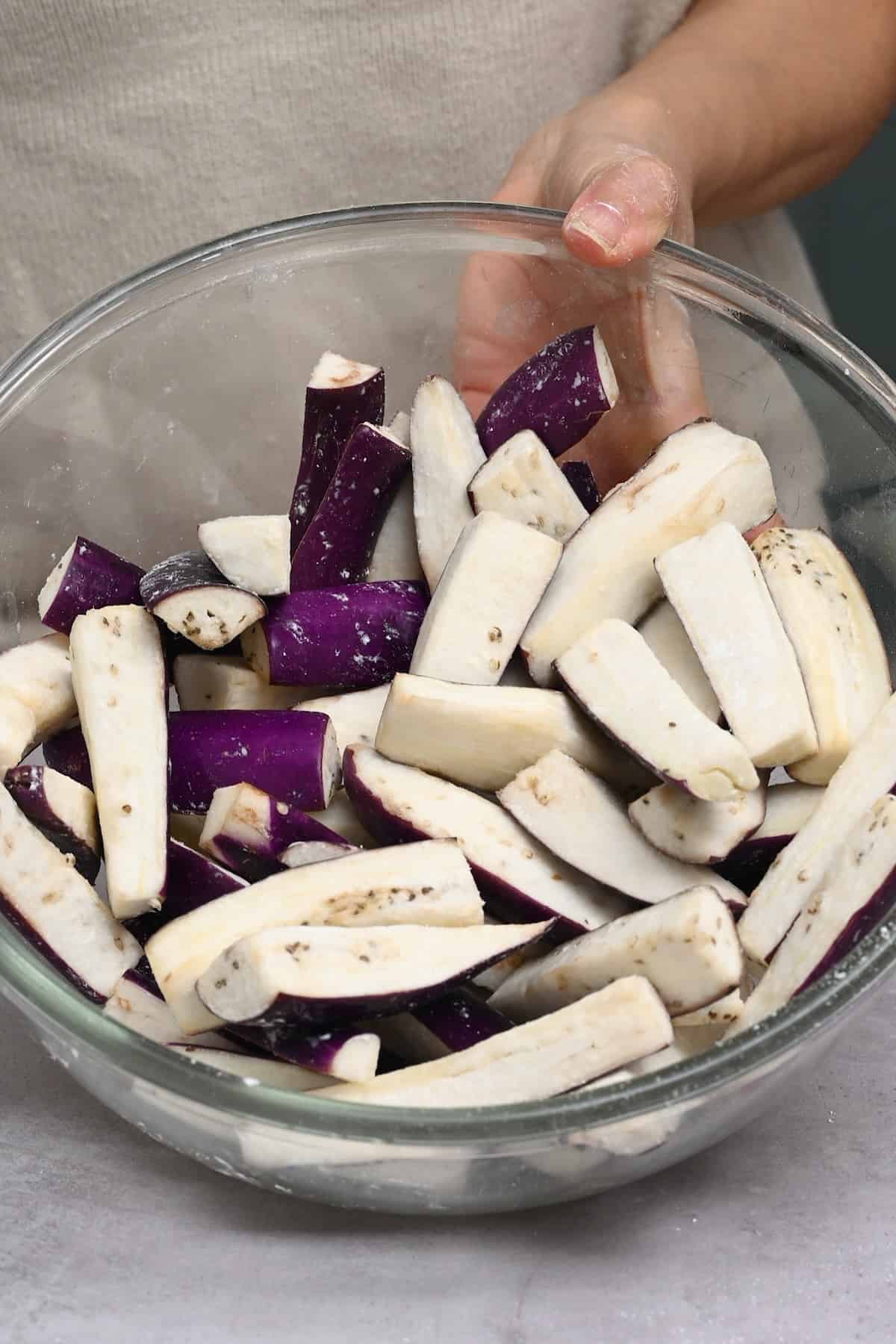 Eggplant covered in cornstarch