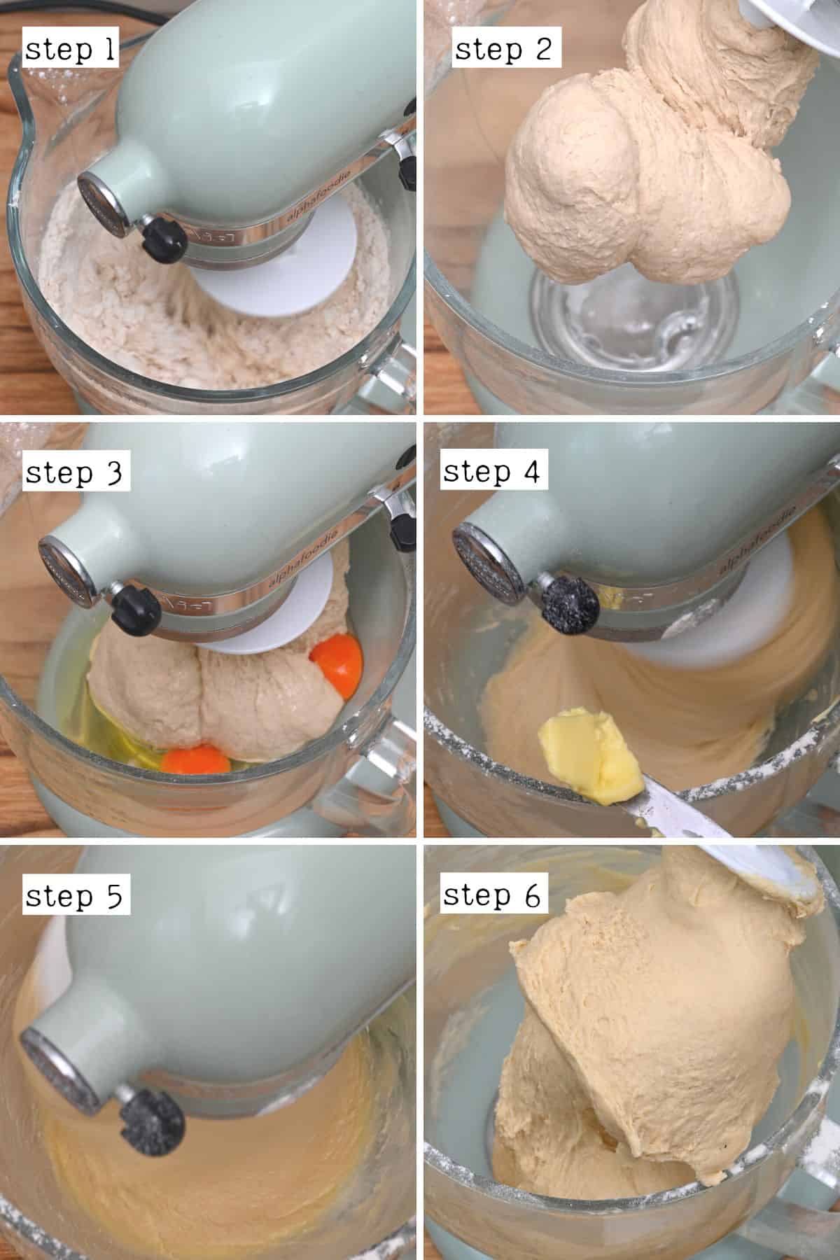 Steps for making dinner rolls dough in a stand mixer