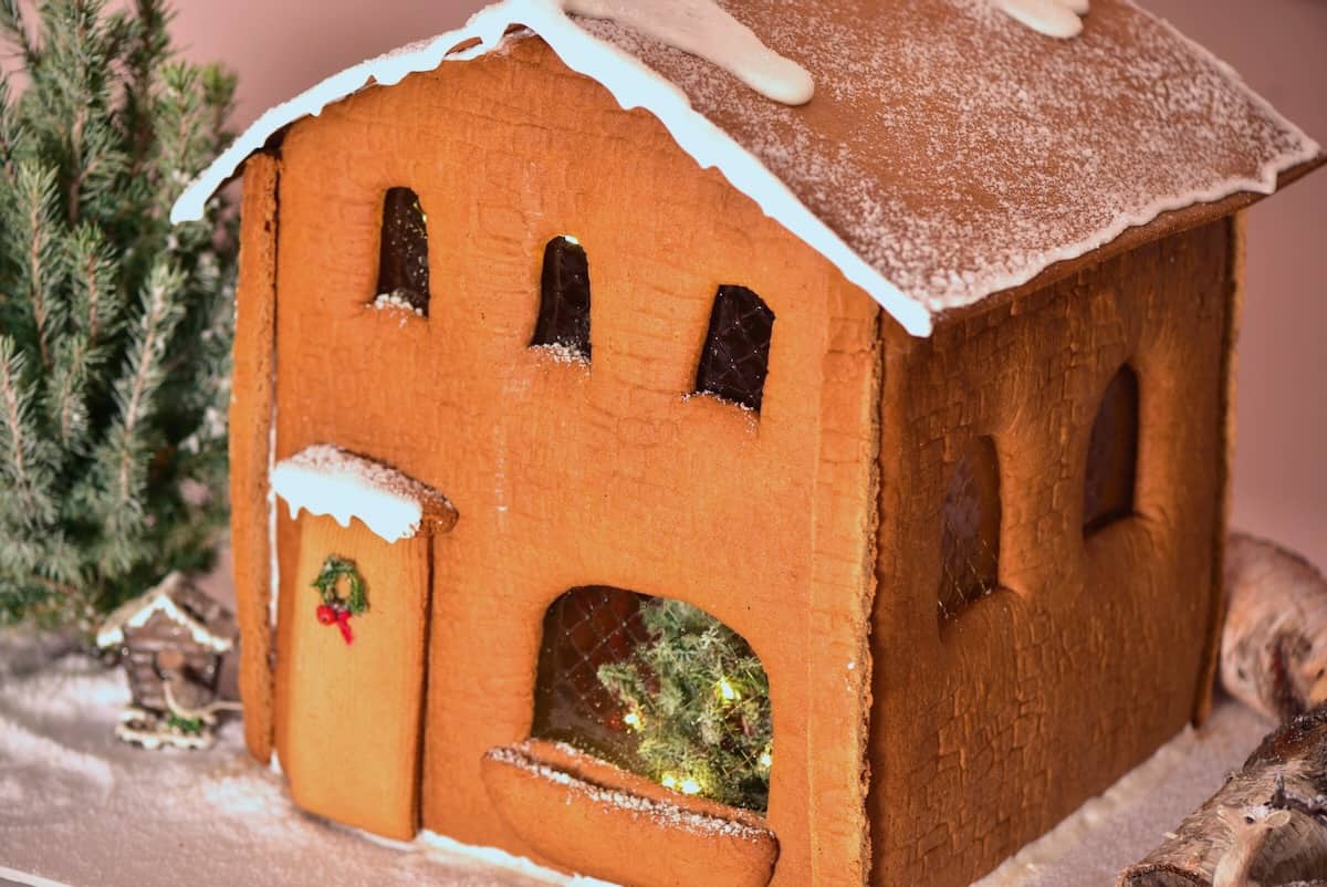 Homemade ginger bread house with snow