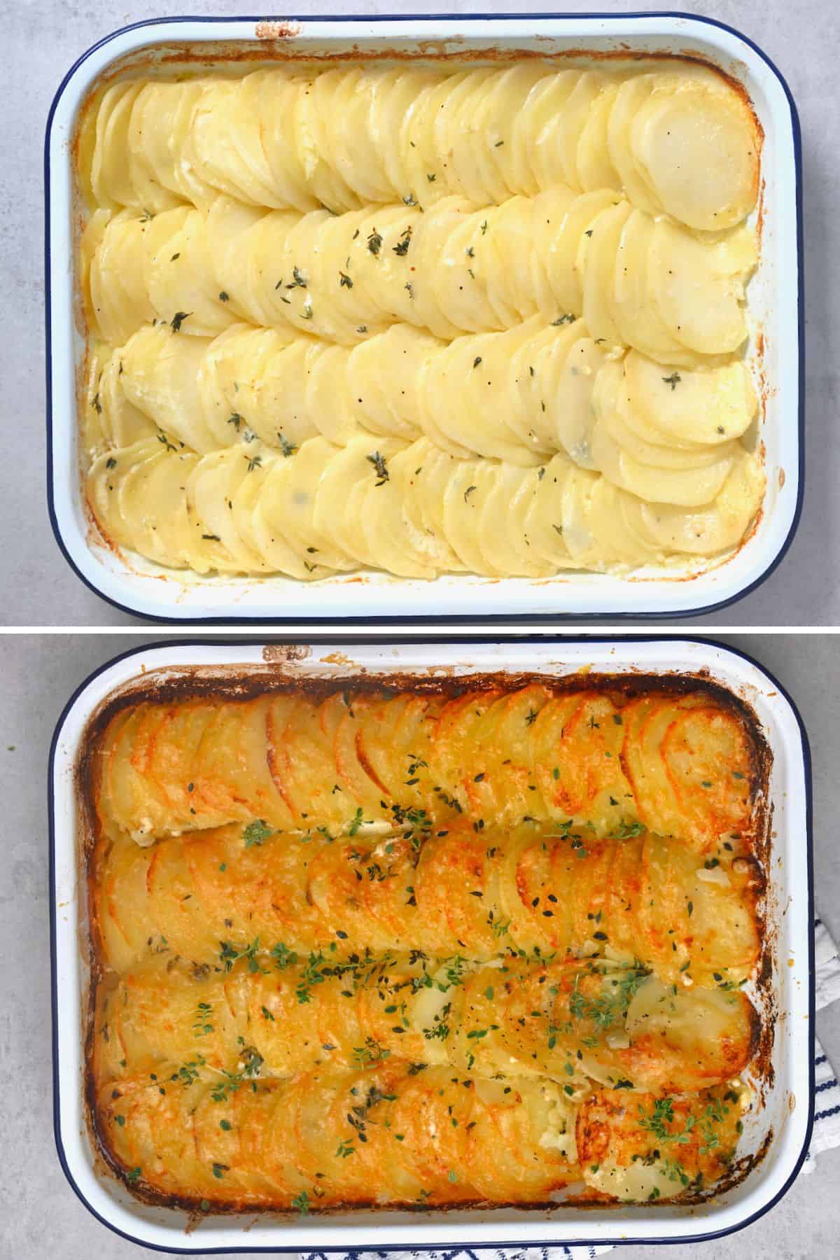 Before and after baking potatoes au gratin