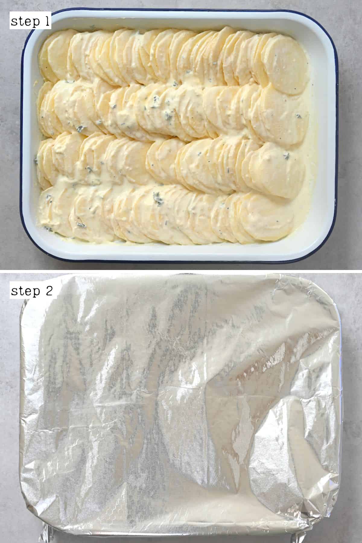 Potato slices arranged in a casserole dish then covered with foil