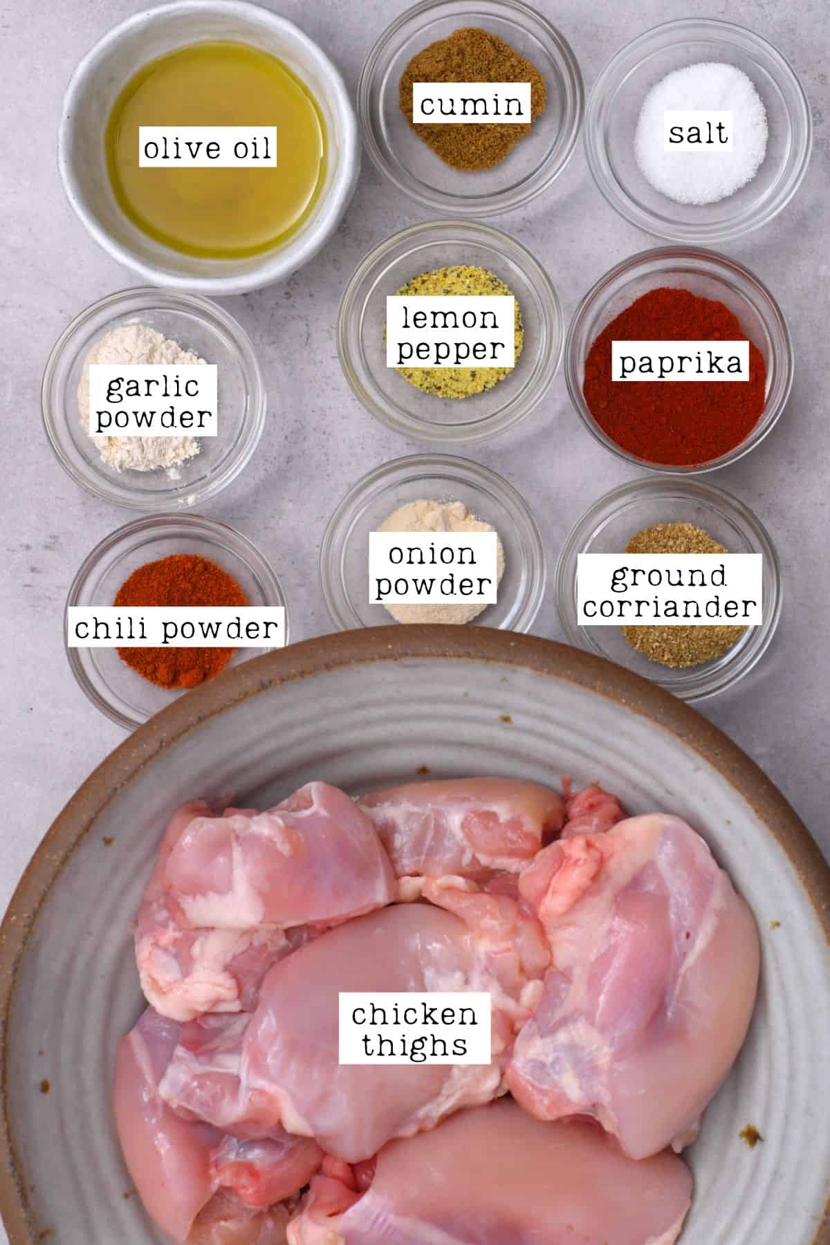 Ingredients for boneless chicken thighs to use in tacos