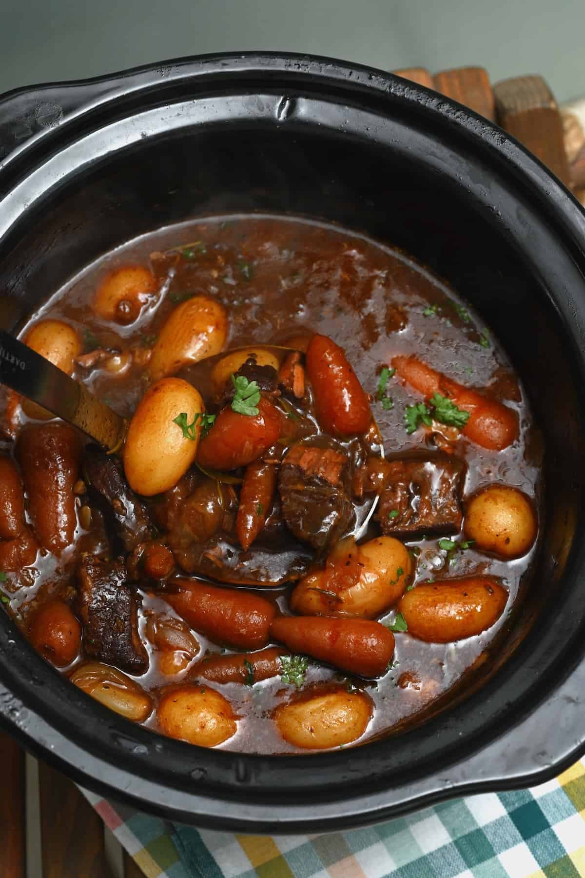 Slow cooked beef stew in a crockpot