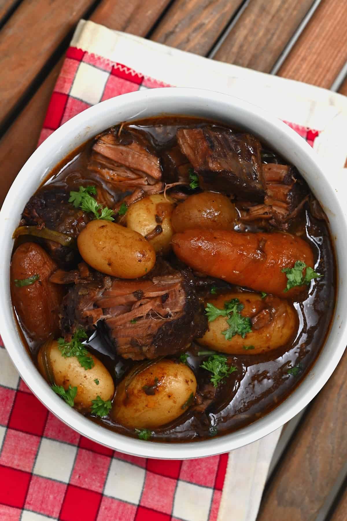 A serving of slow cooked beef stew