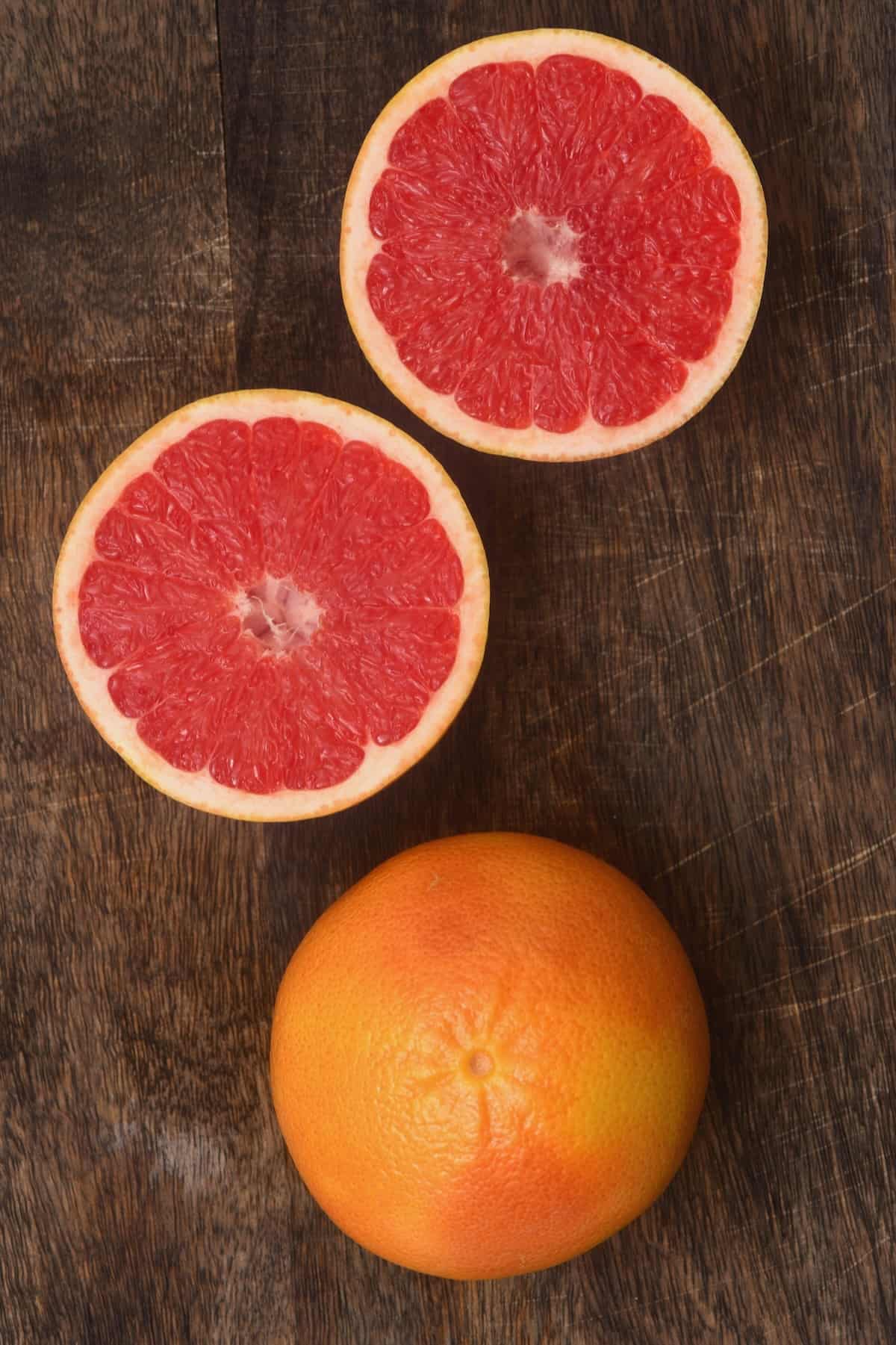 One whole grapefruit and one halved