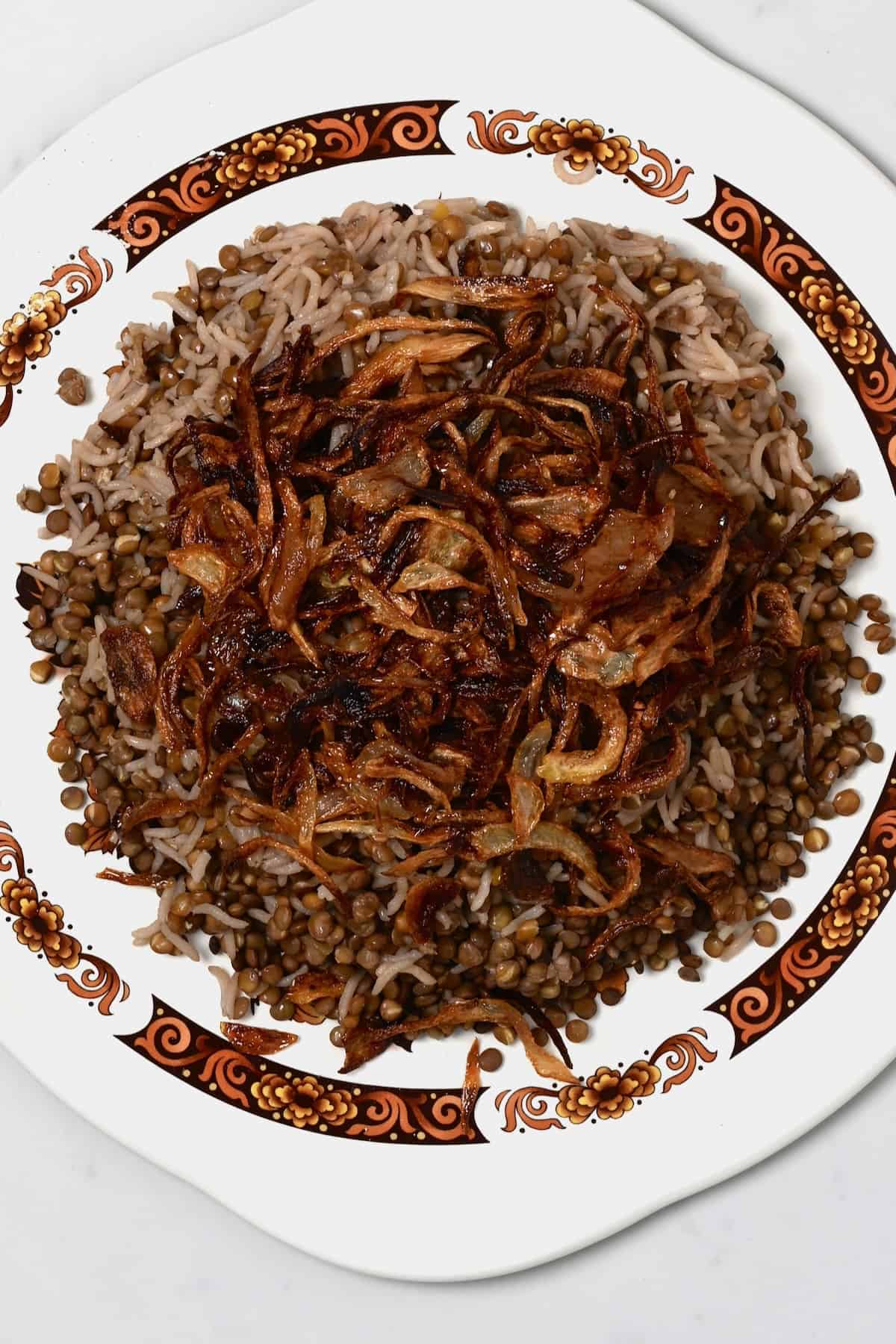 Mujadara Lentils and Rice topped with cripsy onions