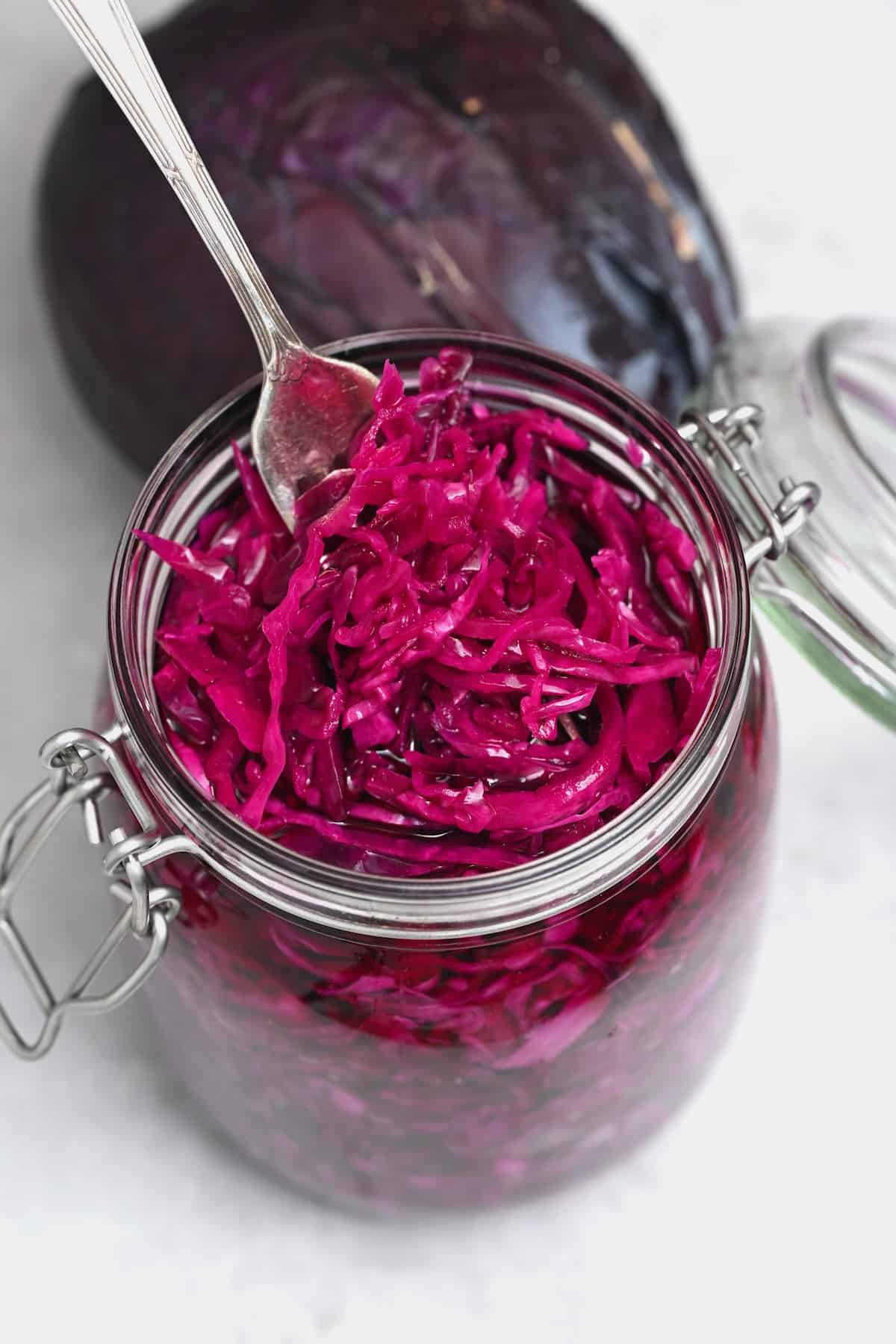 A forkful of pickled red cabbage