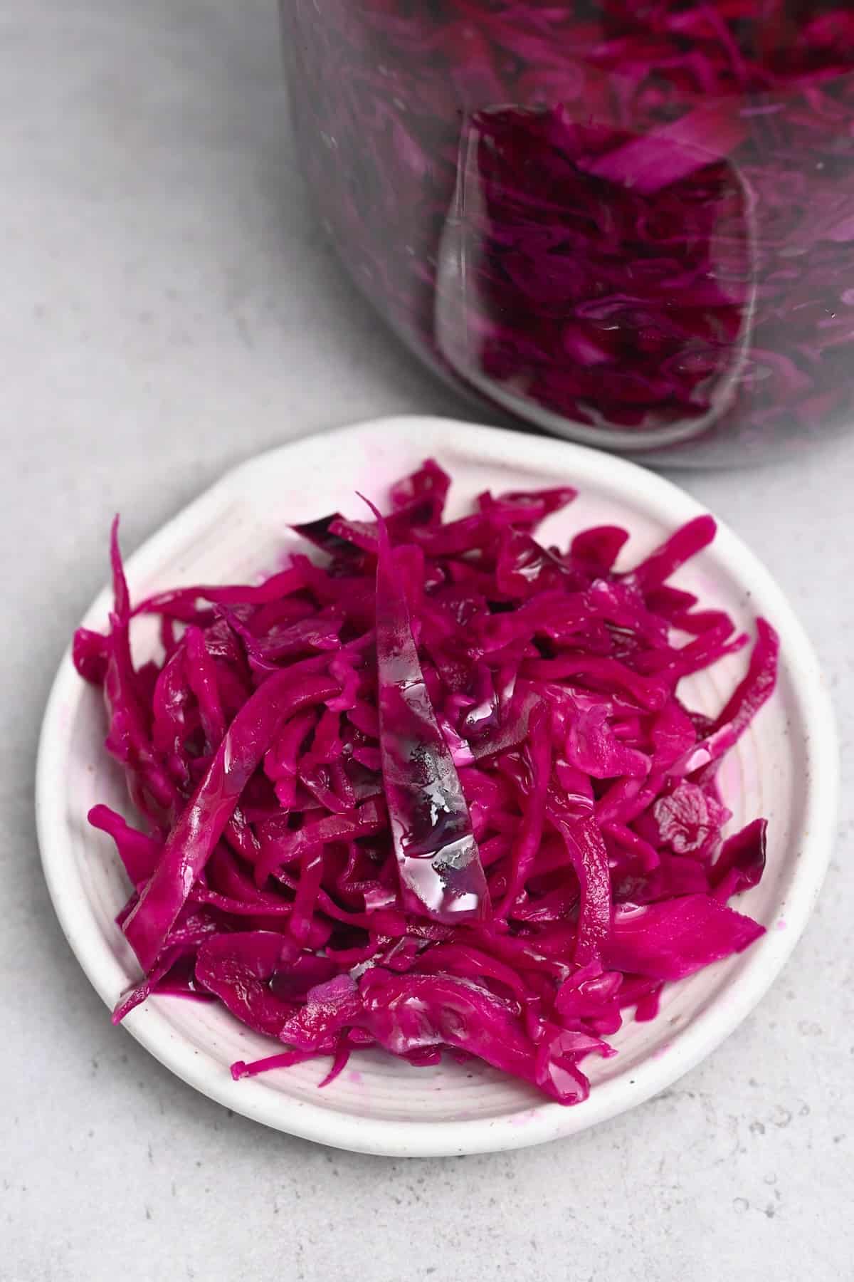 A plate with some homemade pickled red cabbage