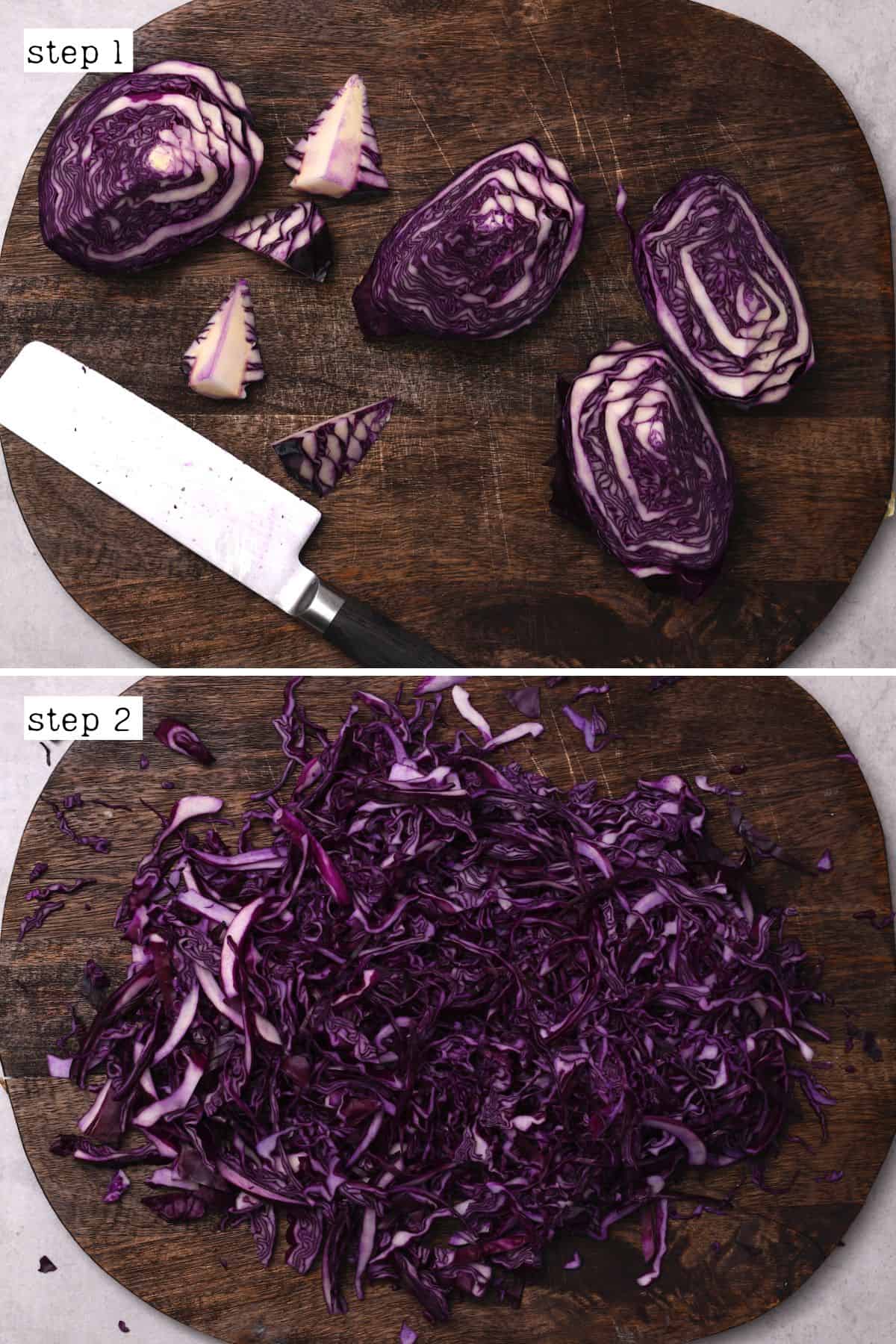 Steps for coring and shredding red cabbage