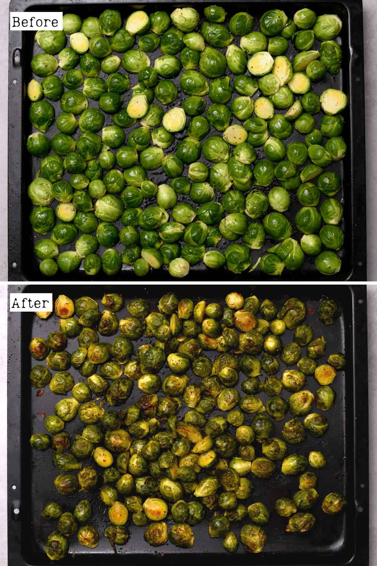 Before and after roasting Brussels sprouts