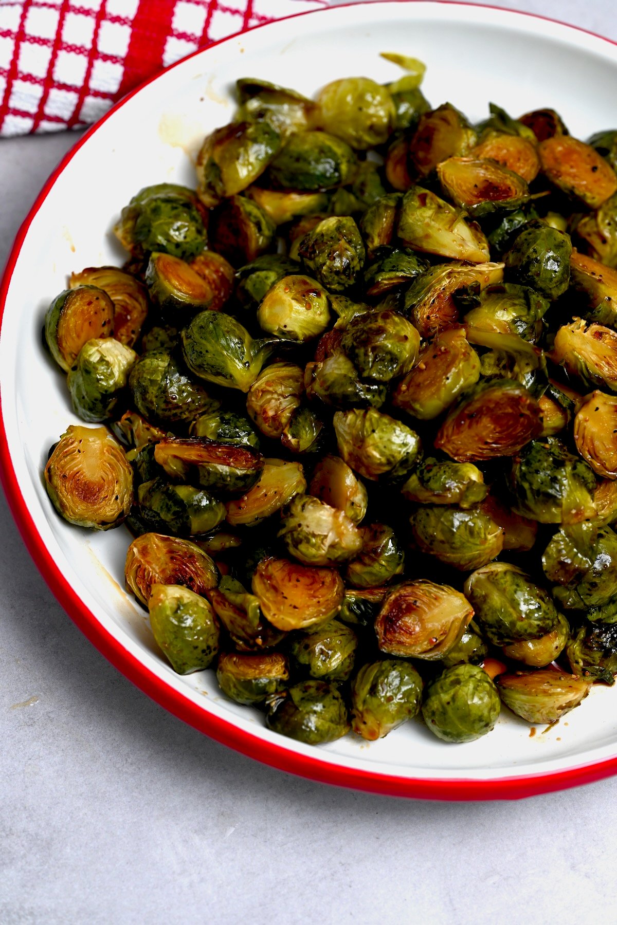A large bowl with roasted Brussel sprouts