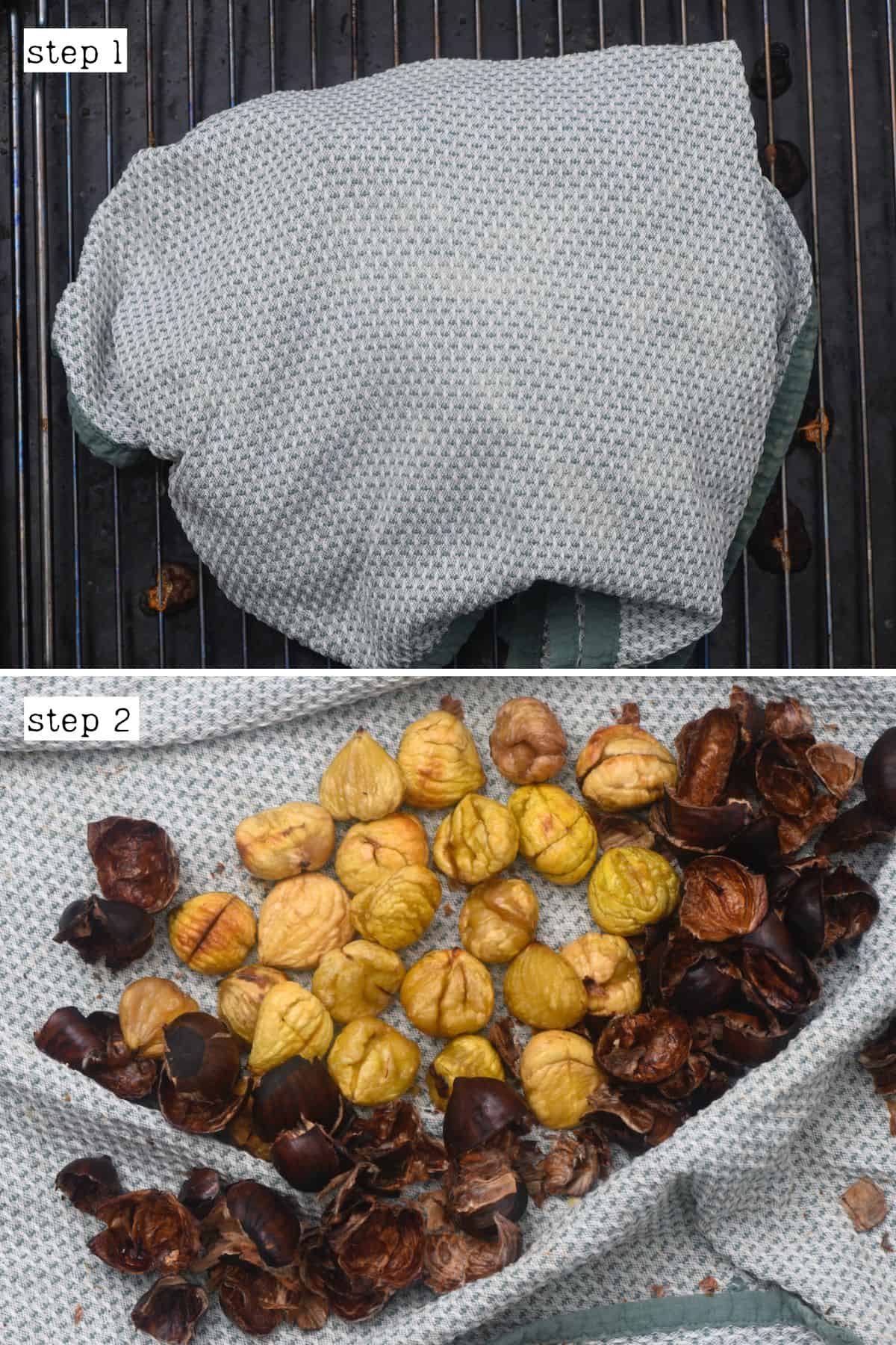 Steps for steaming chestnuts with a towel