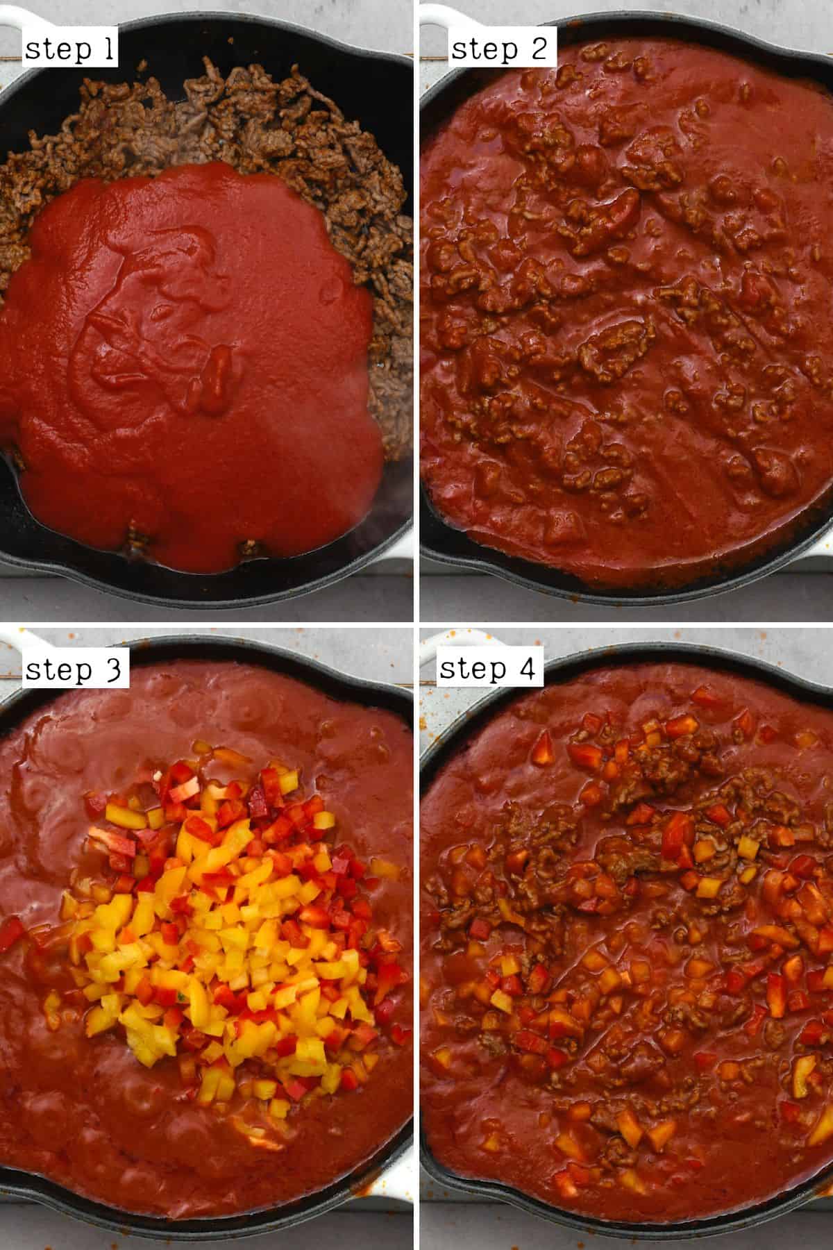 Steps for cooking ground beef with passata and bell peppers