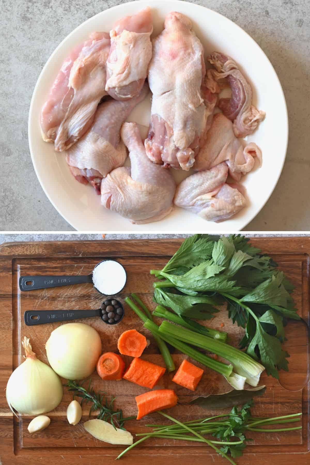 Prepared ingredients for making chicken broth