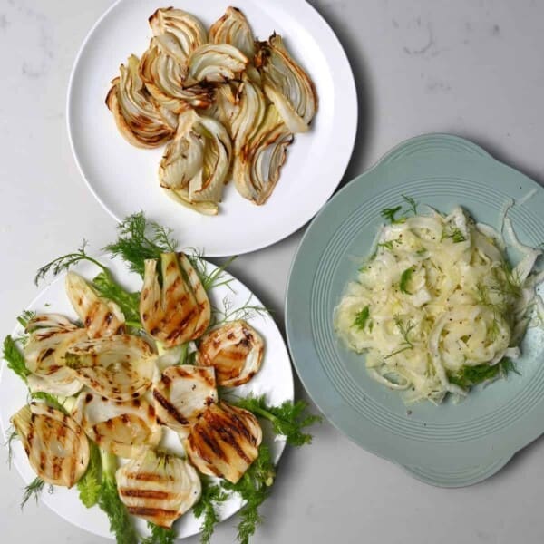 Fennel cooked in three methods - roasted, grilled and in a raw salad