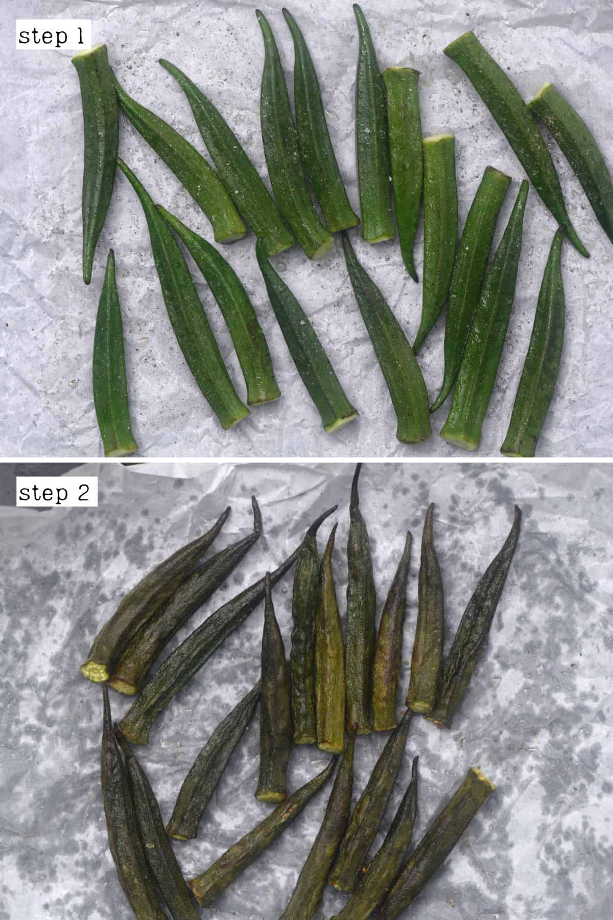 Before and after roasting okra
