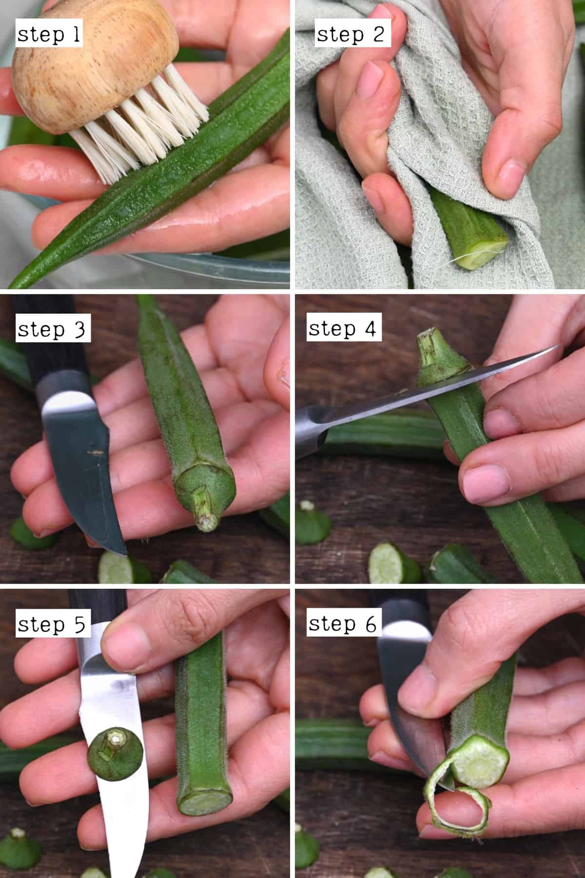 Steps for cleaning drying and cutting okra