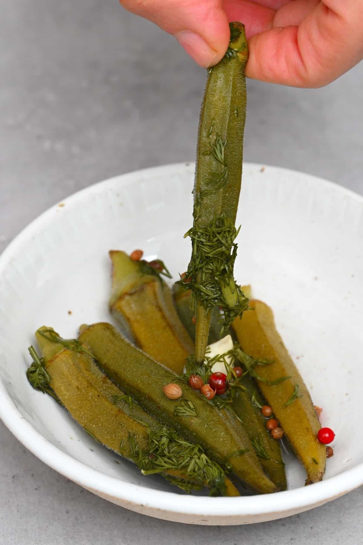 A bowl with okra pickles