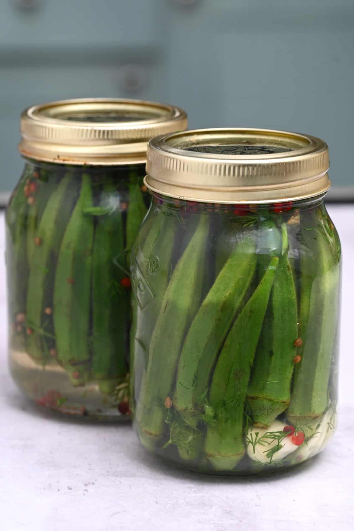 Okra pickles in two jars