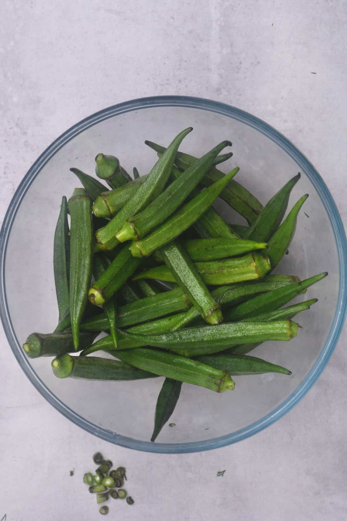 Washed okra in a bowl