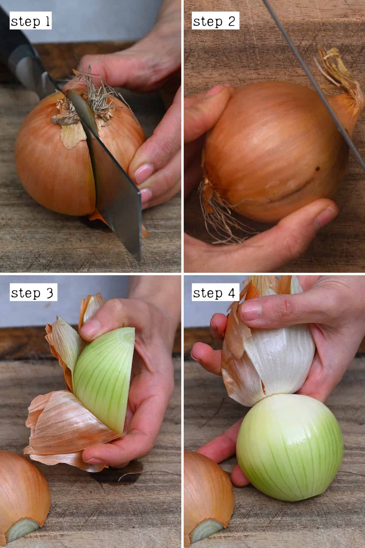 Steps for peeling an onion after cutting it in half