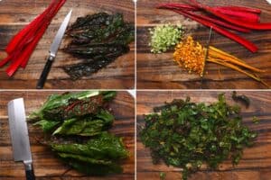 Steps for cutting chard stems and leaves