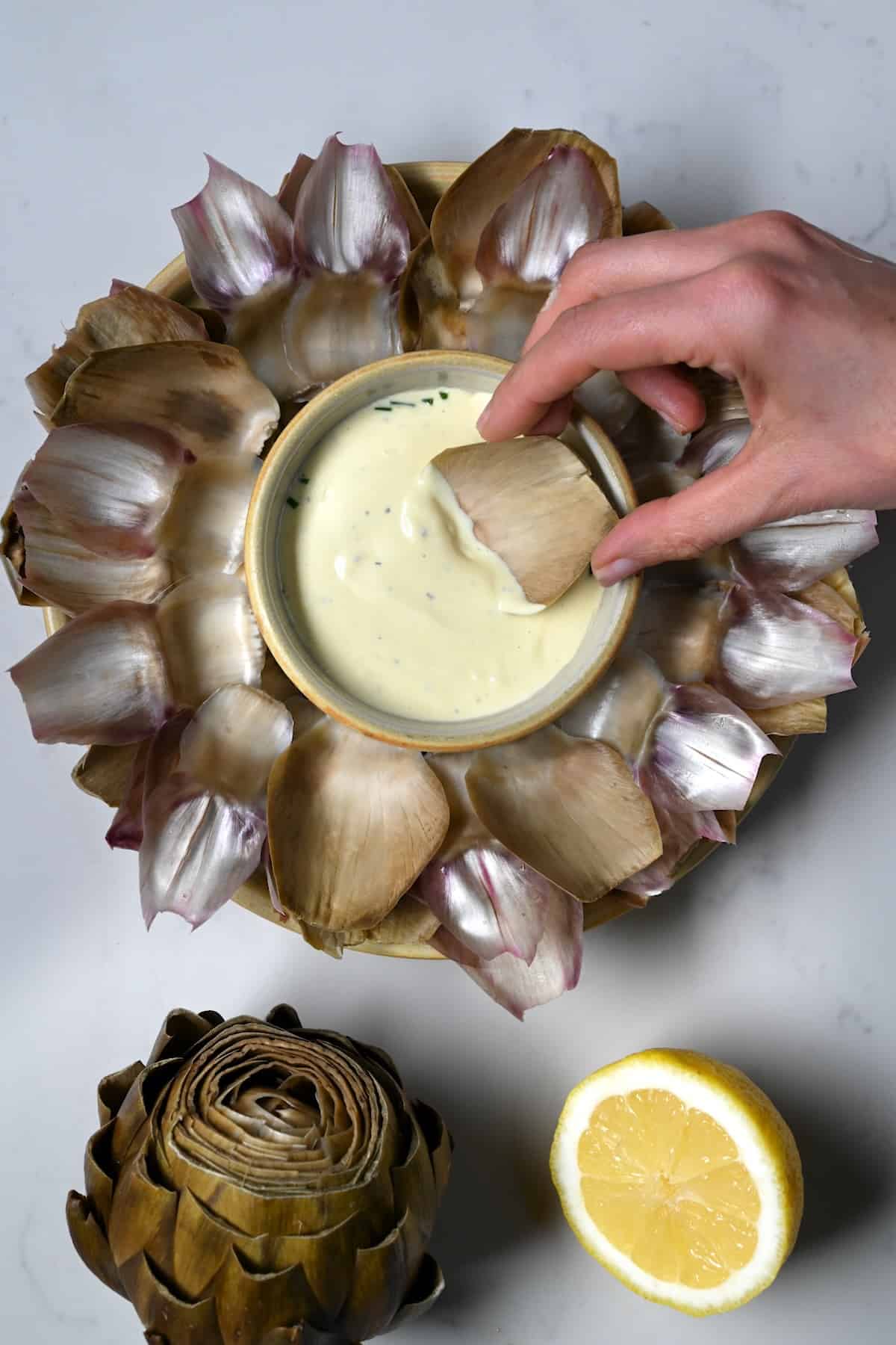 Artichoke dipping sauce in a bowl and artichoke leaves around it