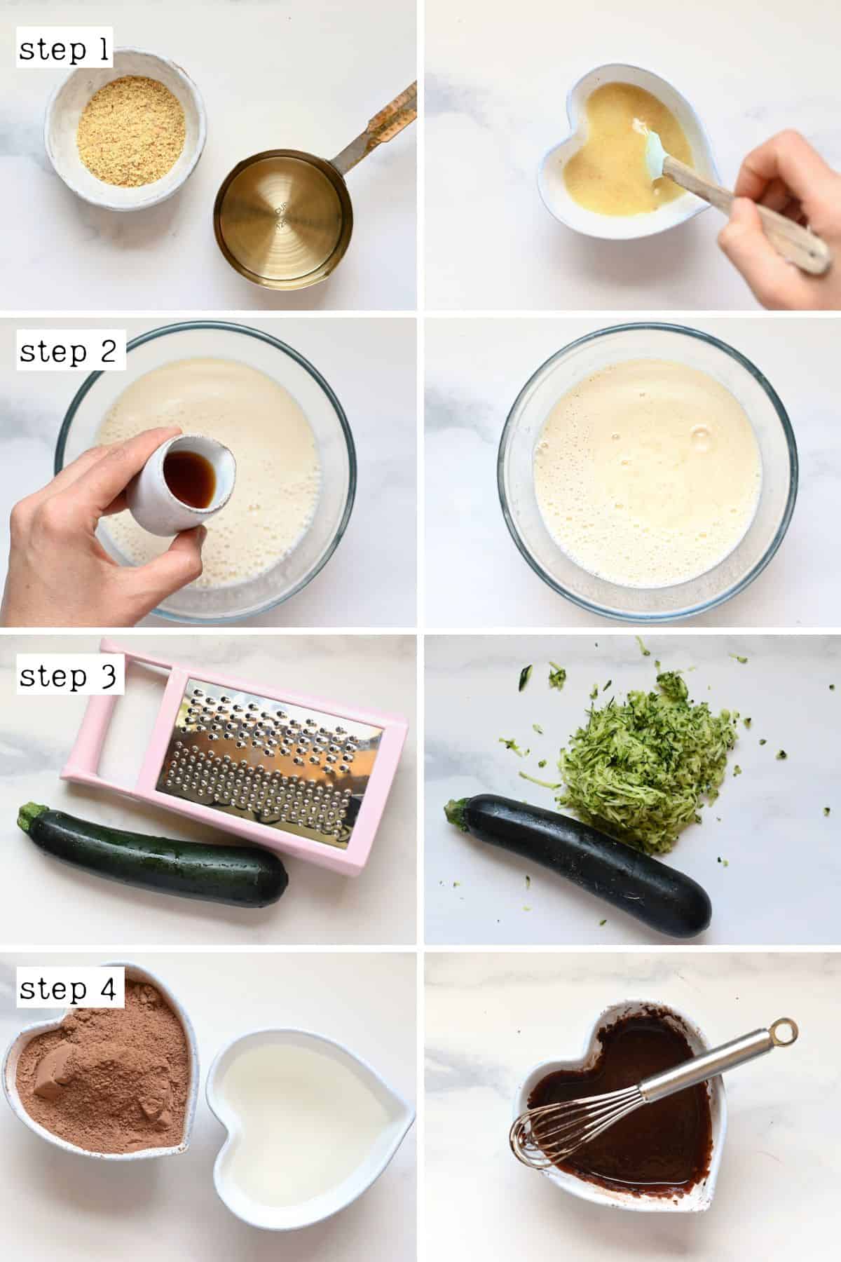 Steps for preparing the wet ingredients for chocolate cake