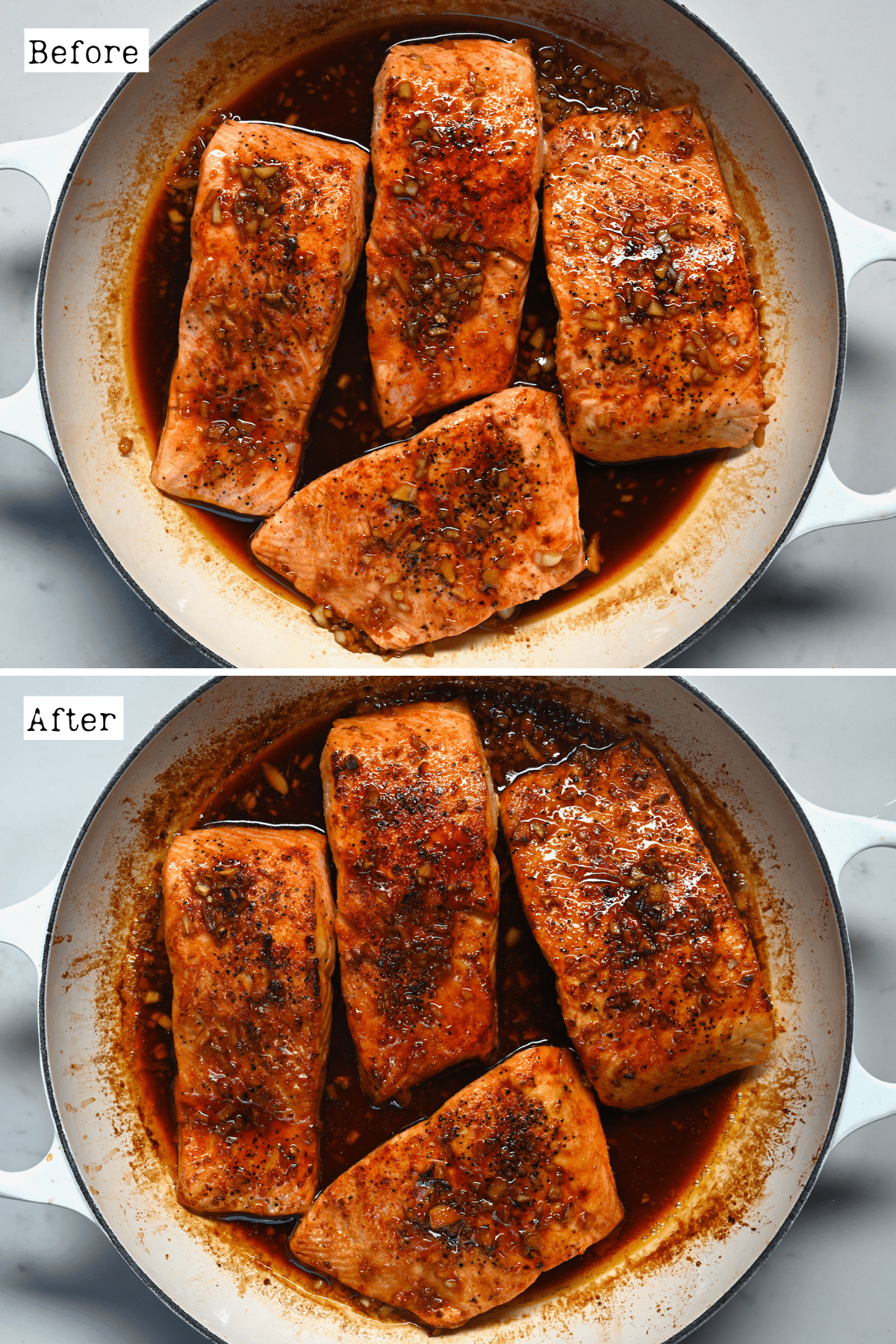 Before and after broiling salmon