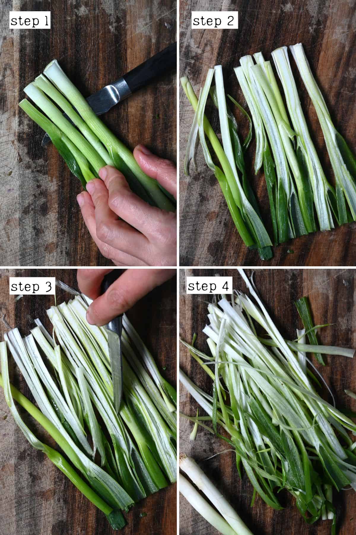 Steps for cutting thin strips of green onions