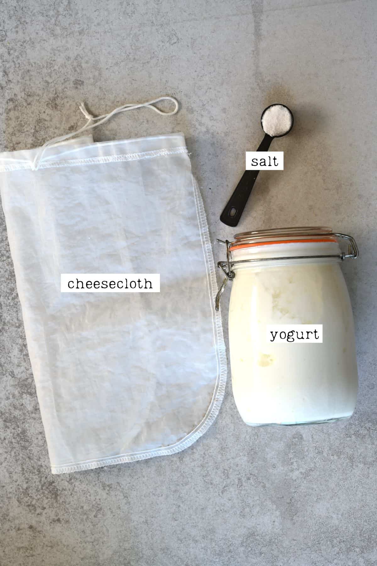 Ingredients and tools to make labneh