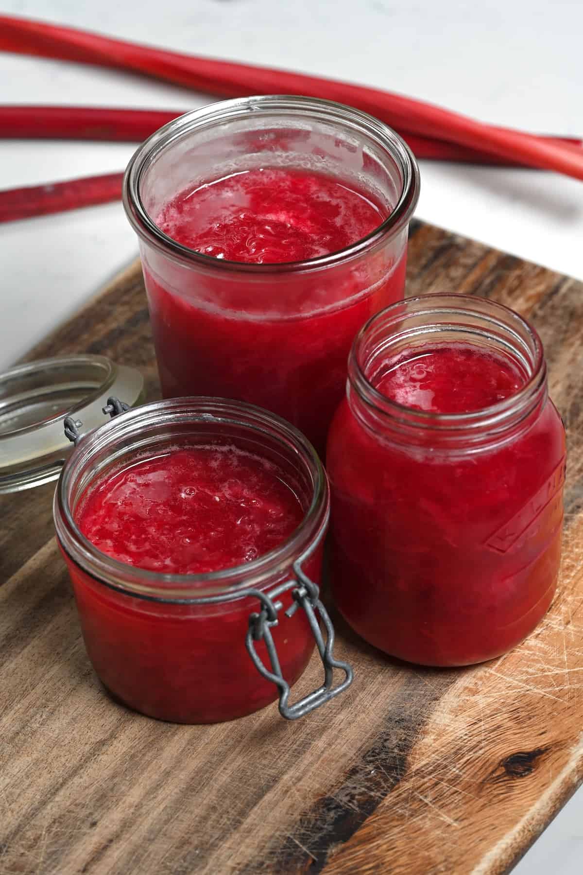 Three jars with homemade rhubarb jam