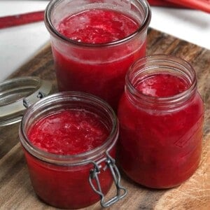 Three jars with homemade rhubarb jam