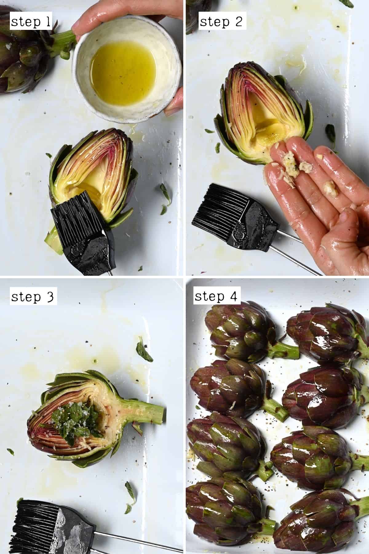 Steps for preparing artichoke halves for roasting