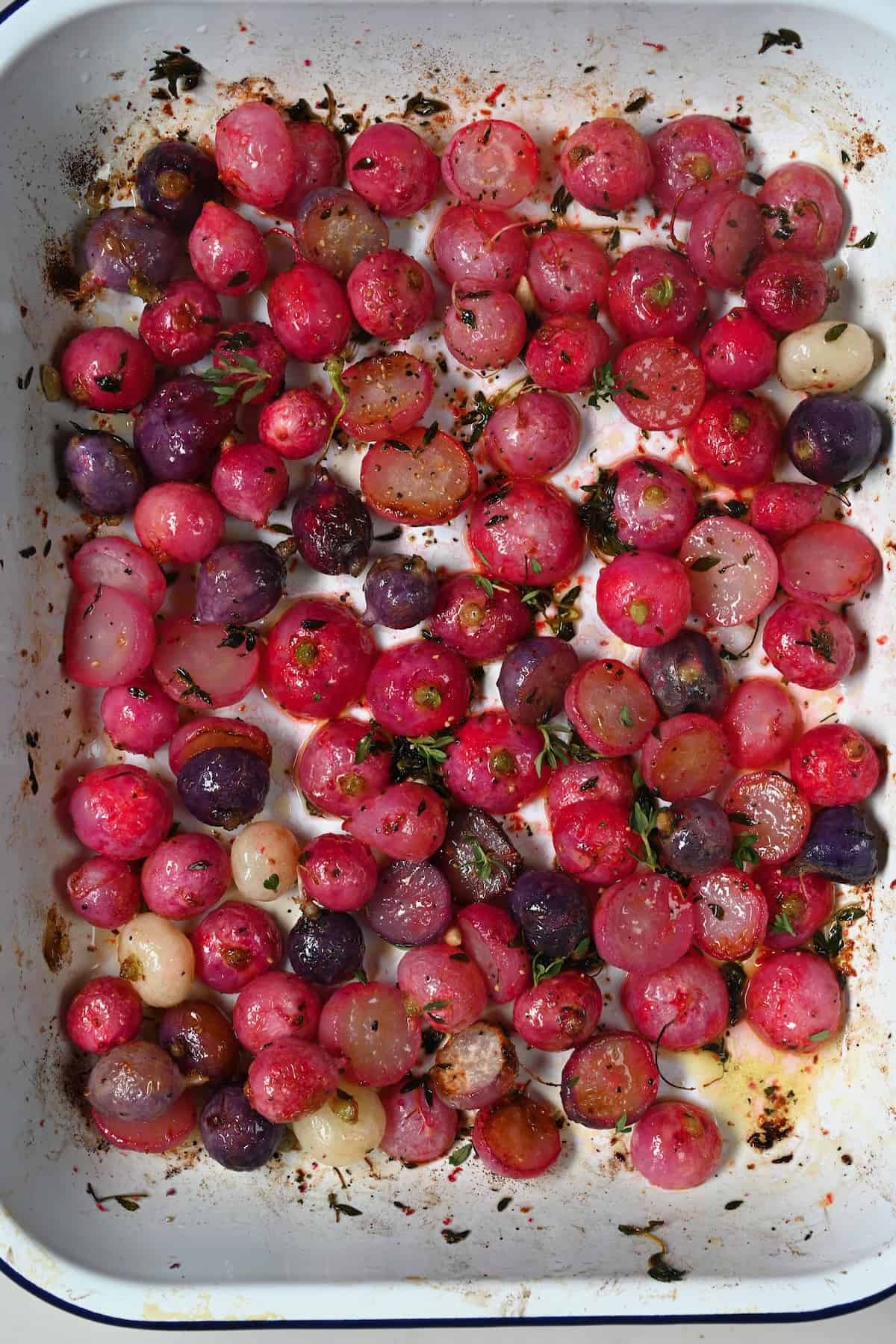 Roasted radishes in a baking tray