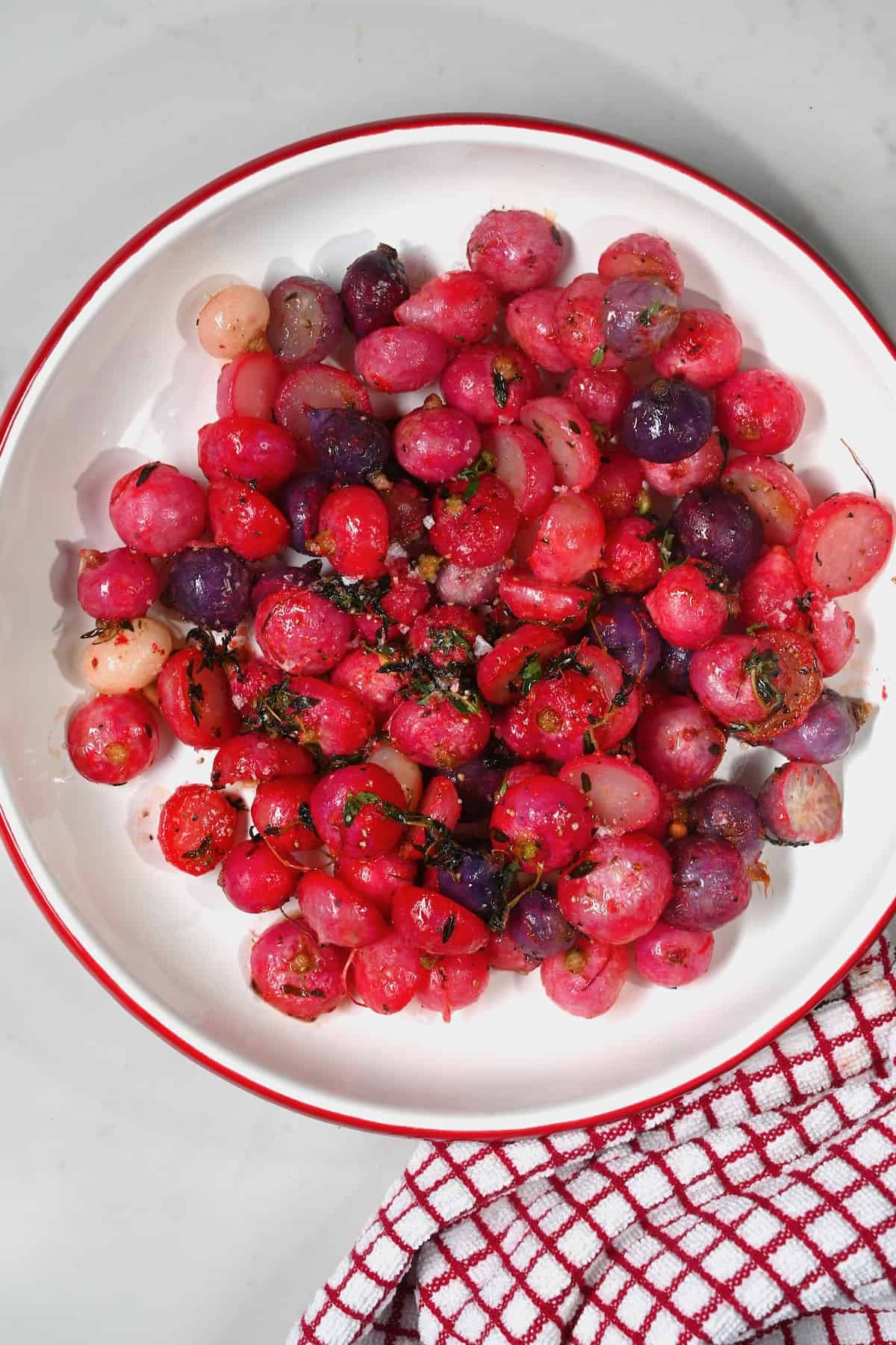 Roasted radishes in a serving plate