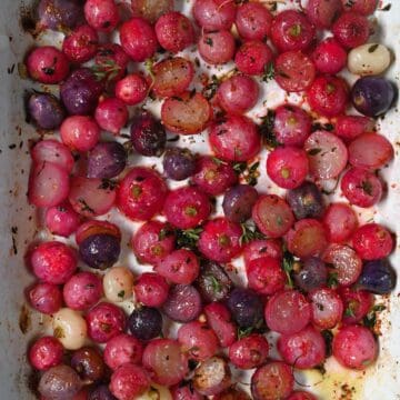 Roasted radishes in a baking tray