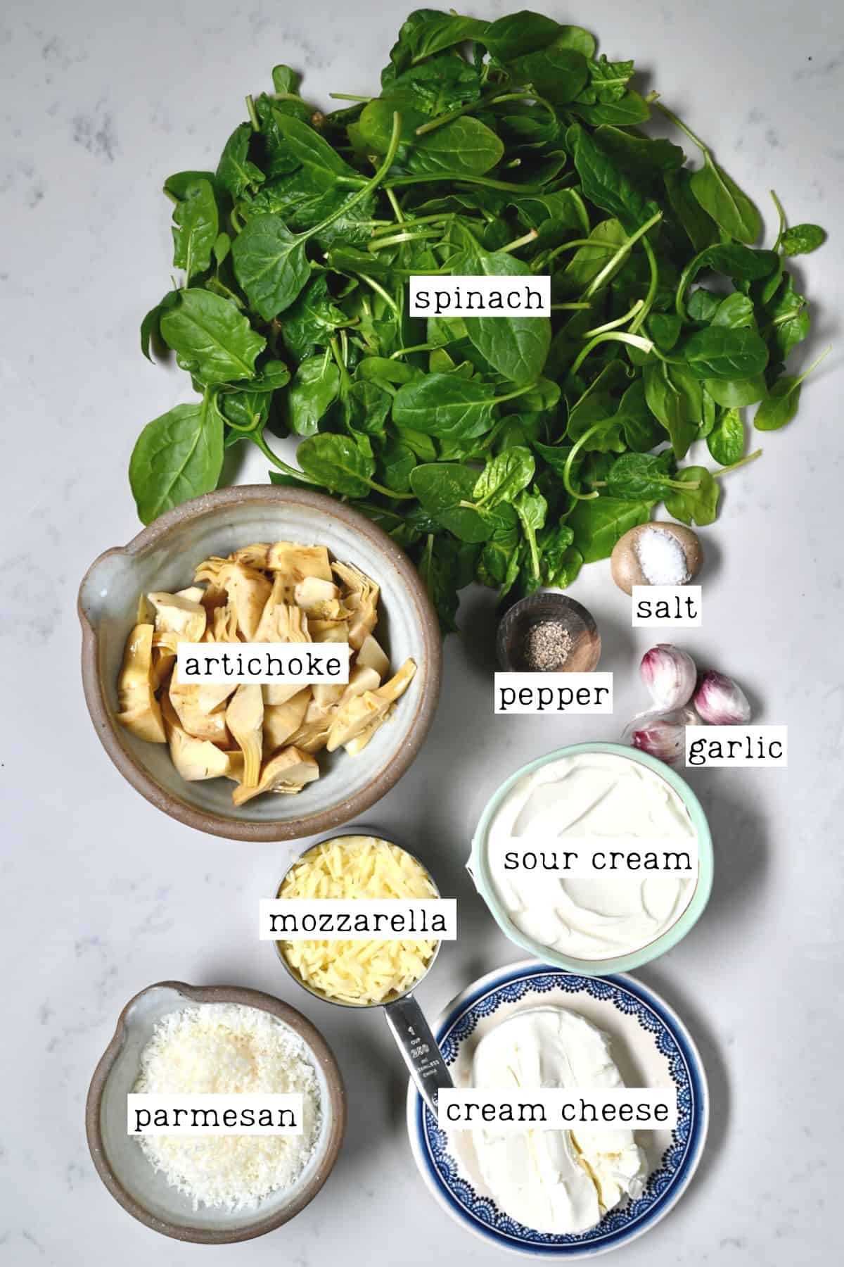 Ingredients for crockpot spinach artichoke dip