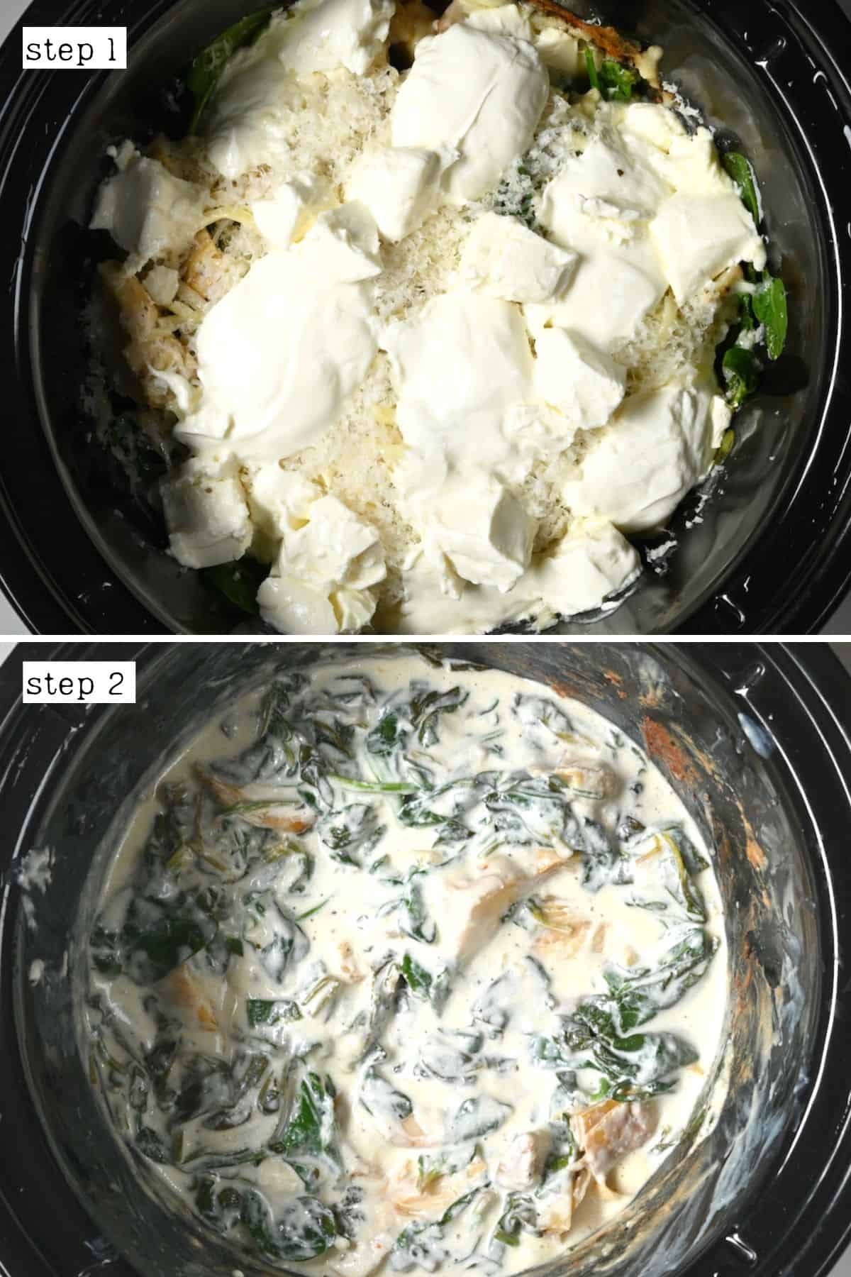 Mixing melted cheese with spinach and artichoke