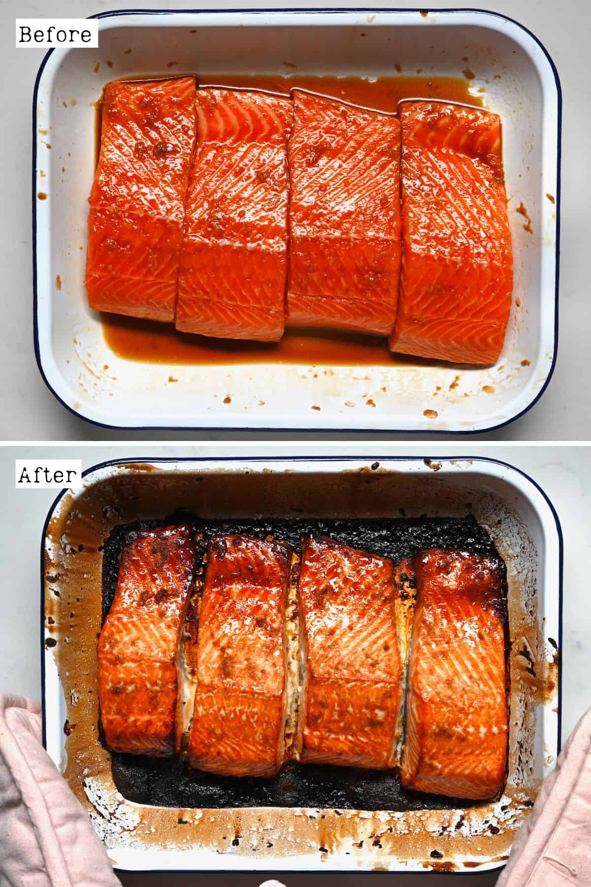 Before and after baking salmon