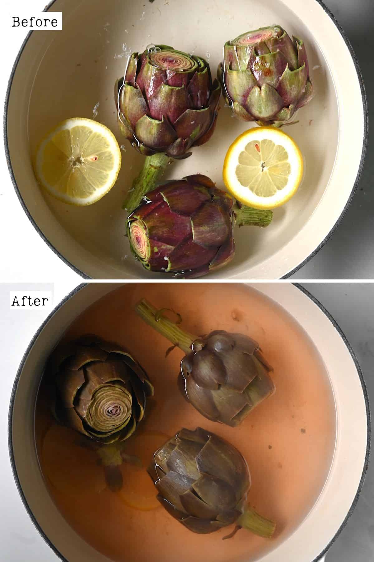 Before and after boiling artichokes