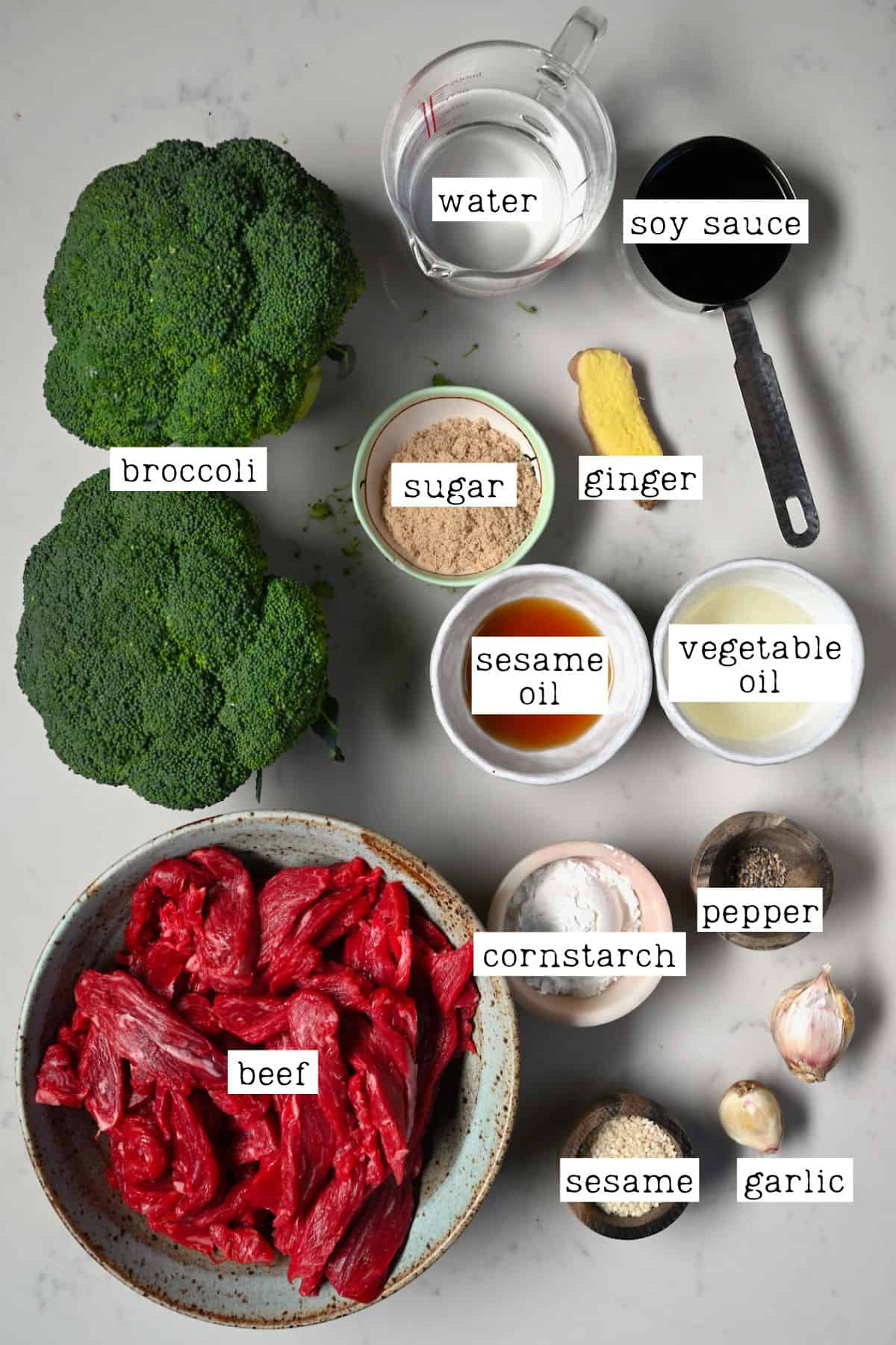 Ingredients for beef and broccoli stir fry
