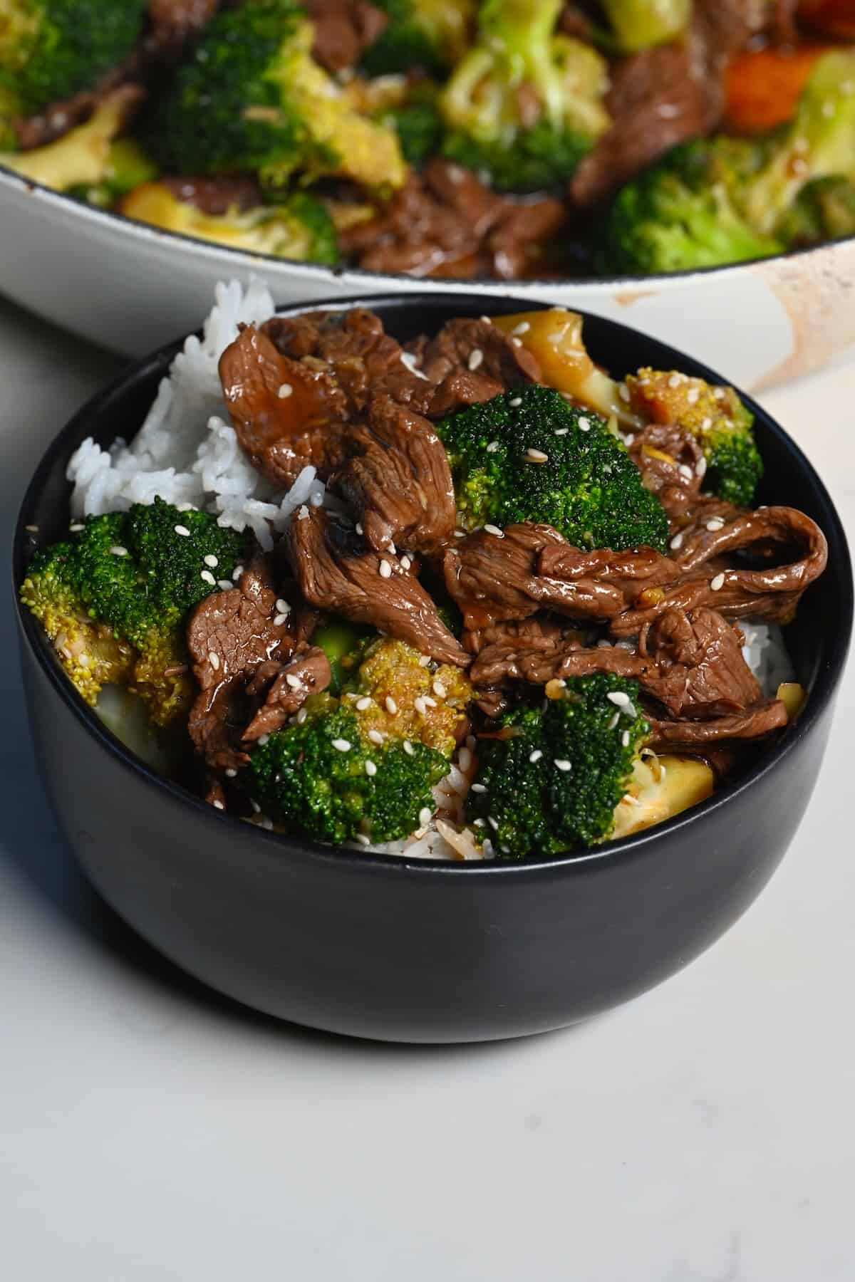 A serving of beef and broccoli