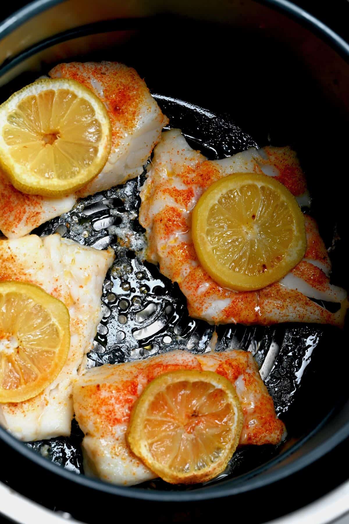 Cod fish with lemon cooked in an air fryer