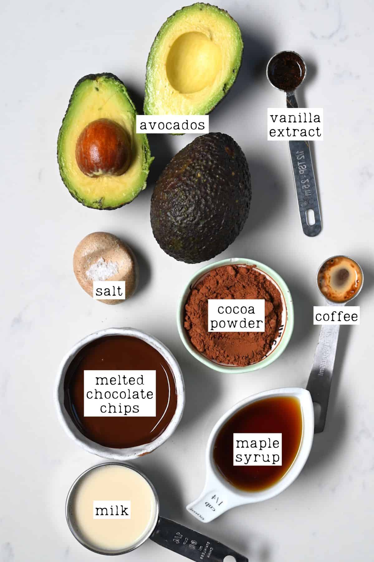 Ingredients for avocado chocolate mousse